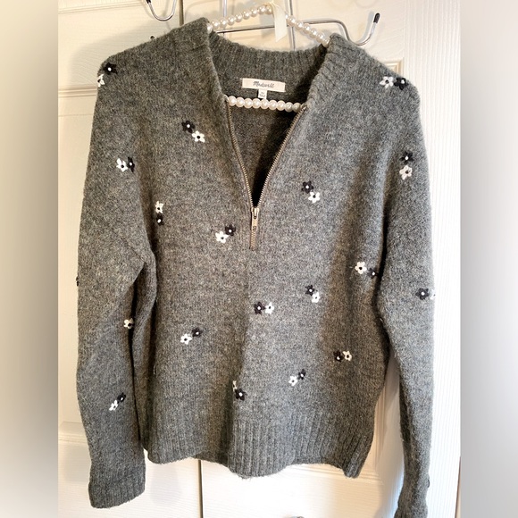madewell gray wool embroidered daisy quarter zip sweater - Picture 1 of 3